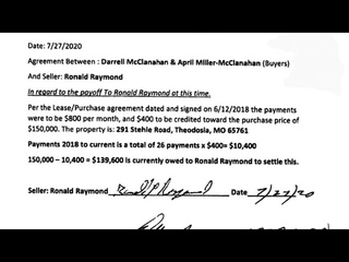 Amended Lease to Purchase Agreement 291 Stehle Rd. Theodosia, Missouri 7/27/2020
