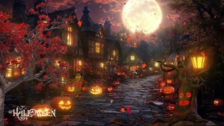 TRICK OR TREAT Halloween Haunted House Ambience - Falling Leaves, Bonfire, Jack O Lanterns, Ghosts