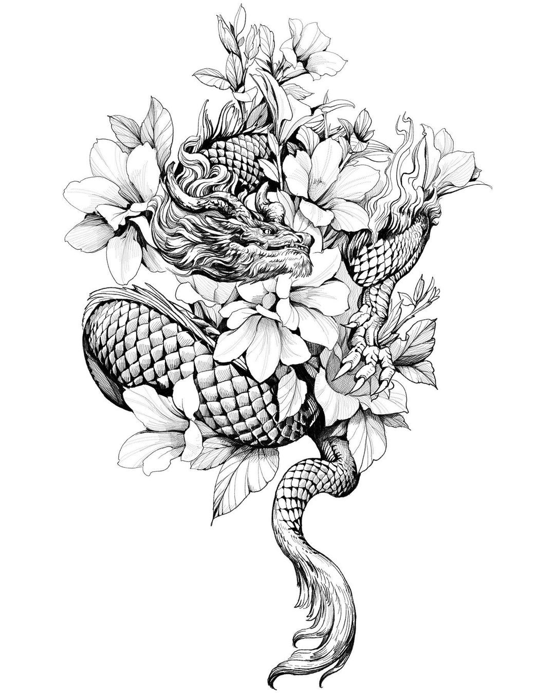 Дракон и цветы эскиз