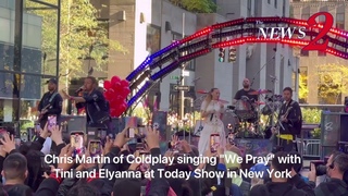 Chris Martin of Coldplay singing We Pray with Tini and Elyanna at Today Show in New York .